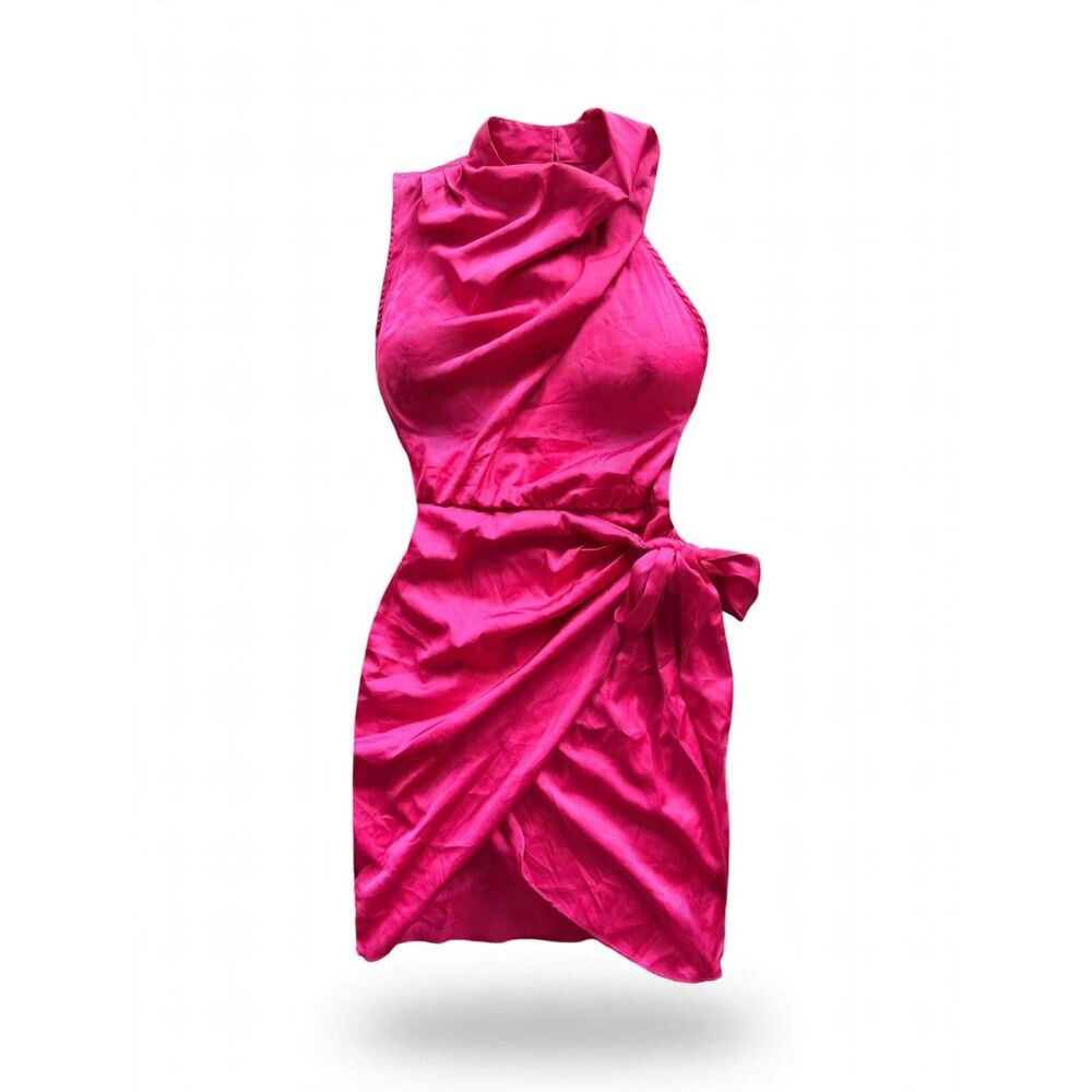 Zesica Sleeveless Hot Pink Satin Tie-Waist Mini Dress L